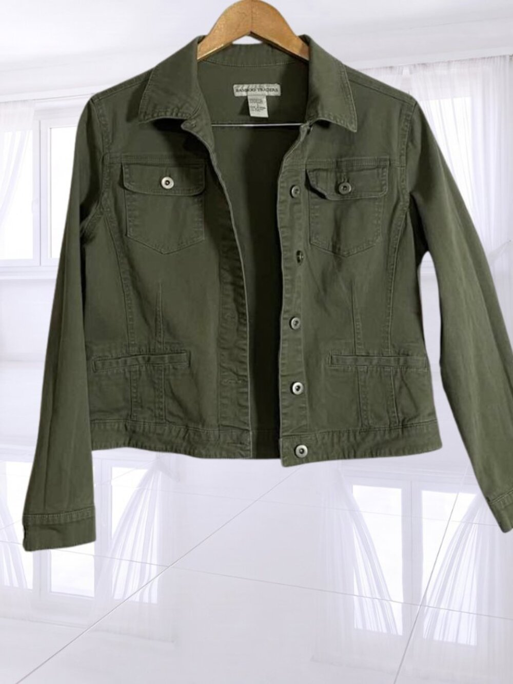 Bamboo Traders Army Green Utility Jacket Large L Cotton Stretch - Picture 3 of 11
